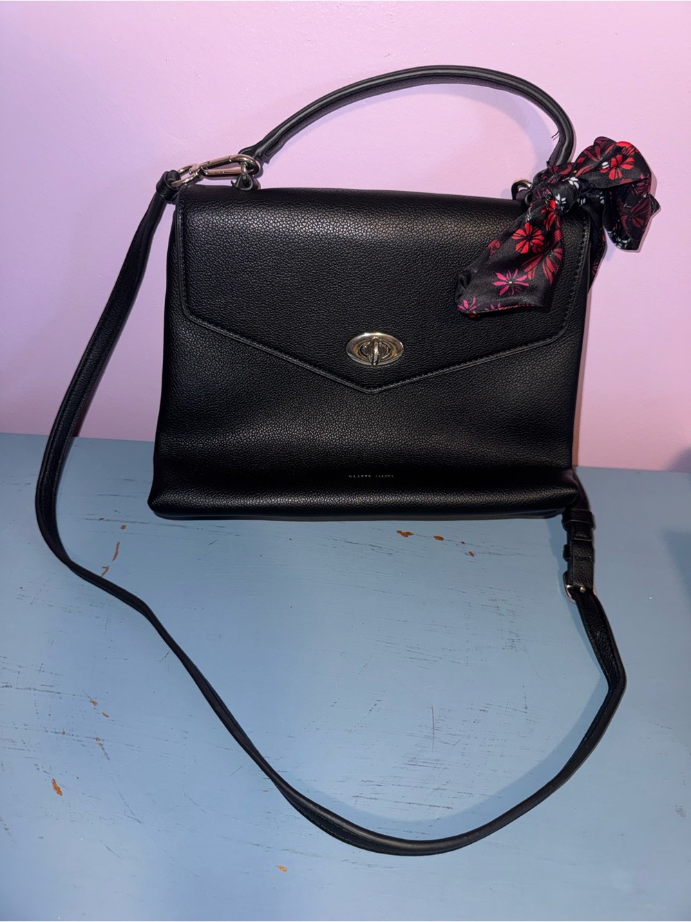 Draper James Black Leather Shoulder Bag with Floral Scarf Accent